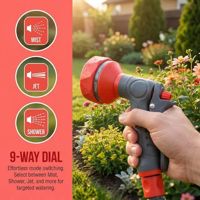 Alt view image 3 of 7 - Garden Hose Nozzle Sprayer-This High Heavy-Duty Spray Nozzle Offer 9 Watering Patterns for Watering Plants,Lawns &Gardens,Washing Cars,Household Cleaning and Showering Pets (Orange-grey)