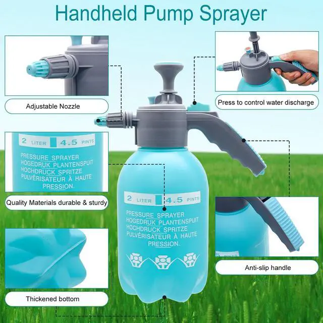 Alt view image 4 of 7 - 0.5 Gallon Handheld Pump Sprayer, 2L Garden Pressure Sprayer, 68oz Water Spray Bottle with Safety Valve, Adjustable Nozzle, for Watering,Plant Spraying, Home Cleaning, Fertilizing (Sky Blue)