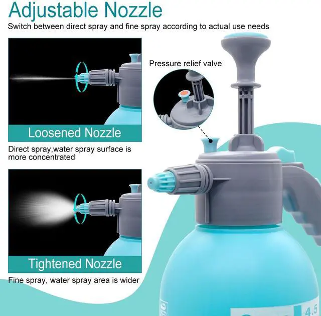 Alt view image 3 of 7 - 0.5 Gallon Handheld Pump Sprayer, 2L Garden Pressure Sprayer, 68oz Water Spray Bottle with Safety Valve, Adjustable Nozzle, for Watering,Plant Spraying, Home Cleaning, Fertilizing (Sky Blue)