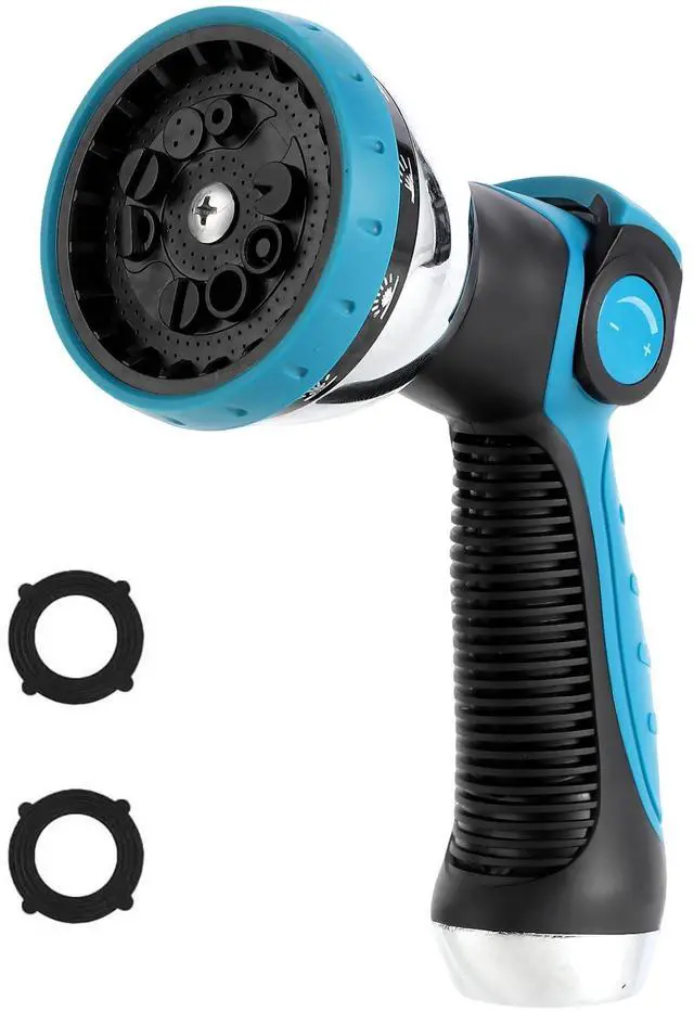 Main image of Garden Water Hose Nozzle Metal Heavy Duty Sprayer Thumb Control with 10 Spray Modes Suitable for Watering Plants, Iawn and Garden, Car Washing, Cleaning, Showering Pets and Outdoor Fun, Blue