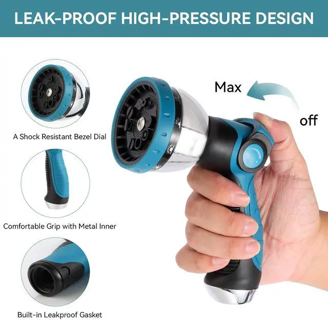 Alt view image 3 of 7 - Garden Water Hose Nozzle Metal Heavy Duty Sprayer Thumb Control with 10 Spray Modes Suitable for Watering Plants, Iawn and Garden, Car Washing, Cleaning, Showering Pets and Outdoor Fun, Blue