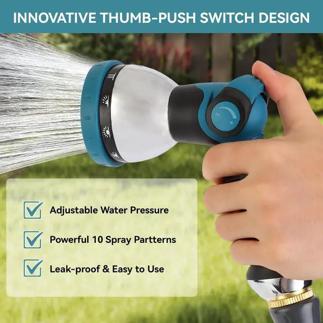 Alt view image 5 of 7 - Garden Water Hose Nozzle Metal Heavy Duty Sprayer Thumb Control with 10 Spray Modes Suitable for Watering Plants, Iawn and Garden, Car Washing, Cleaning, Showering Pets and Outdoor Fun, Blue