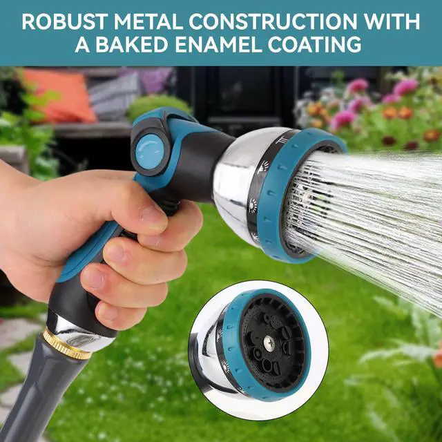 Alt view image 2 of 7 - Garden Water Hose Nozzle Metal Heavy Duty Sprayer Thumb Control with 10 Spray Modes Suitable for Watering Plants, Iawn and Garden, Car Washing, Cleaning, Showering Pets and Outdoor Fun, Blue