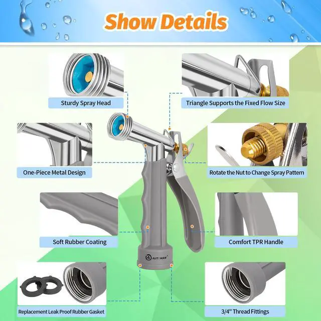 Alt view image 2 of 7 - Full Size Garden Hose Nozzle 2 Pack, High Pressure Pistol Grip Water Nozzle Sprayer with Threaded Front, Adjustable Spray Water Flow for Washing Car, Cleaning Ground, Watering Plants