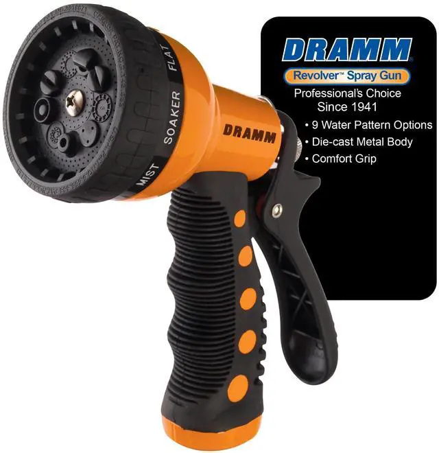 Main image of Revolver Heavy Duty Metal Garden Hose Nozzle 9 Spray Patterns, High Pressure Jet, Thumb-Control Flow, Ergonomic Grip Orange