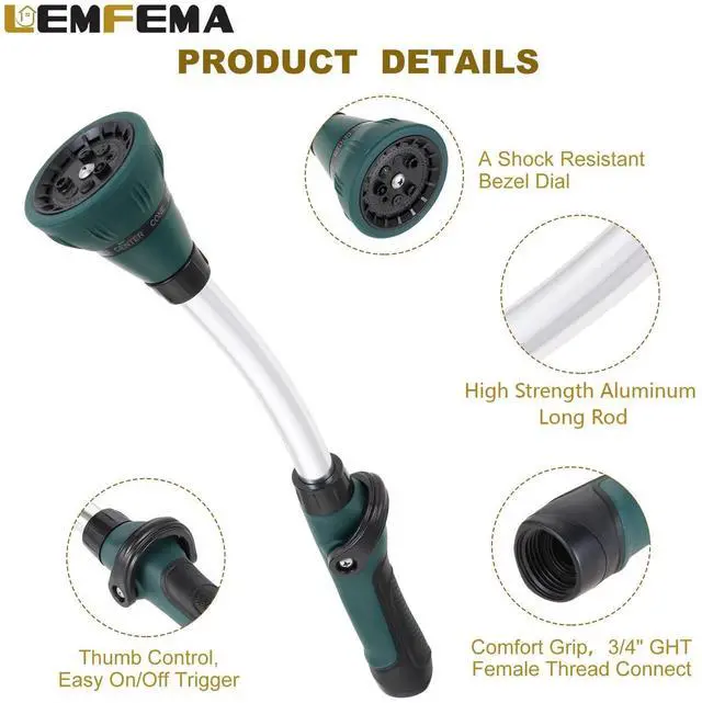 Alt view image 2 of 7 - Watering Wand, 15 Inches Sprayer Wand Garden Hose Nozzle with 8 Adjustable Watering Patterns and Thumb Control Shut Off Valve for Showering Dog, Clean the ground, Car Wash, Lawn and Garden (Green)