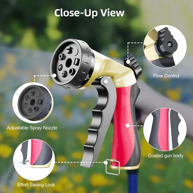 Alt view image 3 of 7 - Metal Garden Hose Nozzle with 8 Spray Patterns, Shower Sprayer Nozzle with Thumb Control for Outdoor Lawn & Plant Watering, Car & Pet Washing, Red