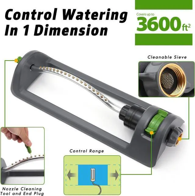 Alt view image 2 of 7 - Lawn Sprinkler, 18-Hole Brass Nozzle Oscillating Sprinkler, Garden Tool for Lawns up to 3,600 Square Feet, Jet Cleaning Needle Hidden on the End of the Product, Gray