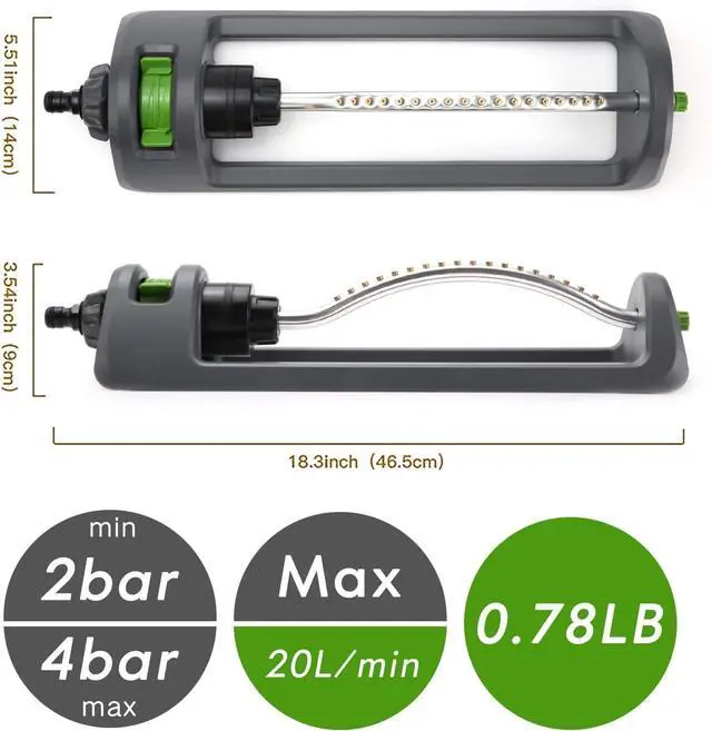 Alt view image 3 of 7 - Lawn Sprinkler, 18-Hole Brass Nozzle Oscillating Sprinkler, Garden Tool for Lawns up to 3,600 Square Feet, Jet Cleaning Needle Hidden on the End of the Product, Gray