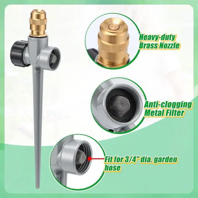 Alt view image 4 of 6 - 2 Pack Metal Lawn Sprinklers for Yard - 360° Coverage Water Sprinklers, Adjustable Brass Nozzle with Aluminum Alloy Spike Base for Small Garden Irrigation