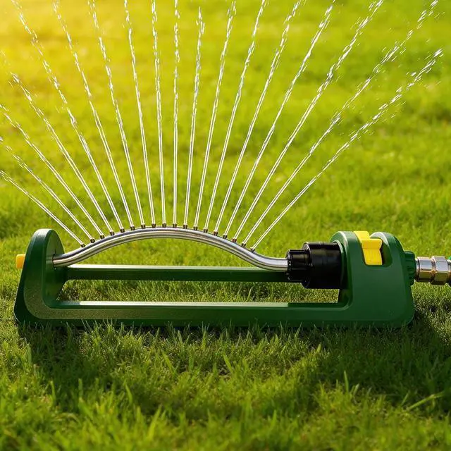 Main image of Lawn Sprinkler, 18 Brass Nozzles Garden Water Oscillating Sprinkler for Yard Covers up to 3,600 sq.ft, Heavy Weight Base, Built-in Spray Jet Cleaning Needle, Green, Yellow