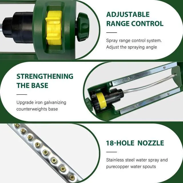 Alt view image 3 of 7 - Lawn Sprinkler, 18 Brass Nozzles Garden Water Oscillating Sprinkler for Yard Covers up to 3,600 sq.ft, Heavy Weight Base, Built-in Spray Jet Cleaning Needle, Green, Yellow