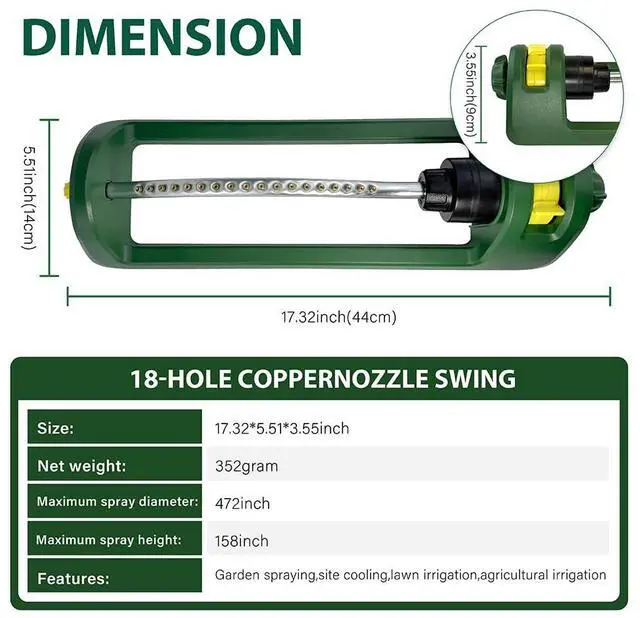 Alt view image 2 of 7 - Lawn Sprinkler, 18 Brass Nozzles Garden Water Oscillating Sprinkler for Yard Covers up to 3,600 sq.ft, Heavy Weight Base, Built-in Spray Jet Cleaning Needle, Green, Yellow