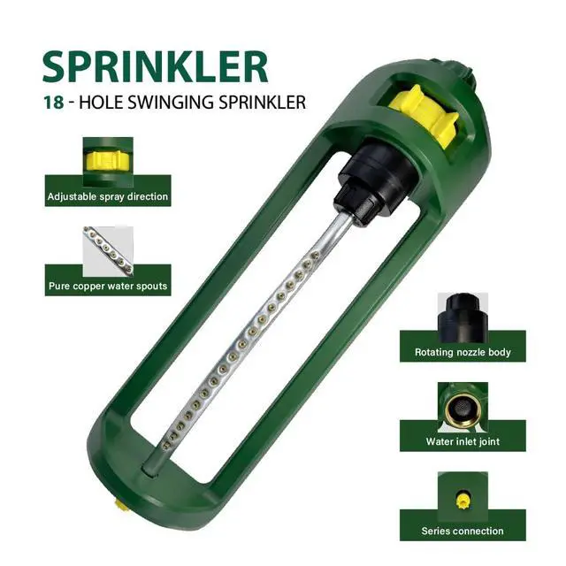 Alt view image 6 of 7 - Lawn Sprinkler, 18 Brass Nozzles Garden Water Oscillating Sprinkler for Yard Covers up to 3,600 sq.ft, Heavy Weight Base, Built-in Spray Jet Cleaning Needle, Green, Yellow