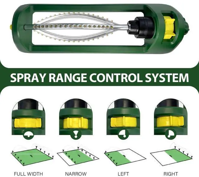 Alt view image 5 of 7 - Lawn Sprinkler, 18 Brass Nozzles Garden Water Oscillating Sprinkler for Yard Covers up to 3,600 sq.ft, Heavy Weight Base, Built-in Spray Jet Cleaning Needle, Green, Yellow