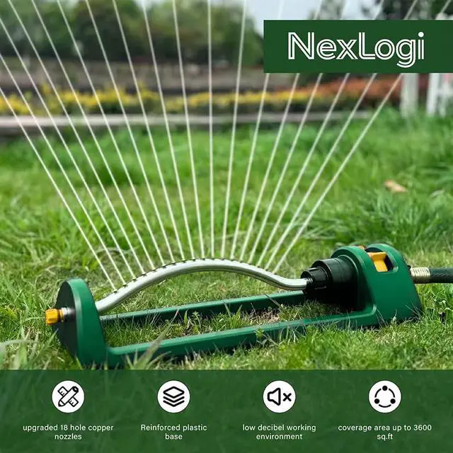 Alt view image 7 of 7 - Lawn Sprinkler, 18 Brass Nozzles Garden Water Oscillating Sprinkler for Yard Covers up to 3,600 sq.ft, Heavy Weight Base, Built-in Spray Jet Cleaning Needle, Green, Yellow