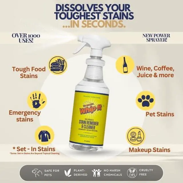 Alt view image 5 of 7 - Whip It Cleaner, Multi Purpose Stain Remover Professional Strength Spray, Plant Based Enzyme Cleaner, Cleaning Food, Coffee, Wine, Baby Stains, Pet Stains, Over 500 uses, Made in USA, 32 OZ