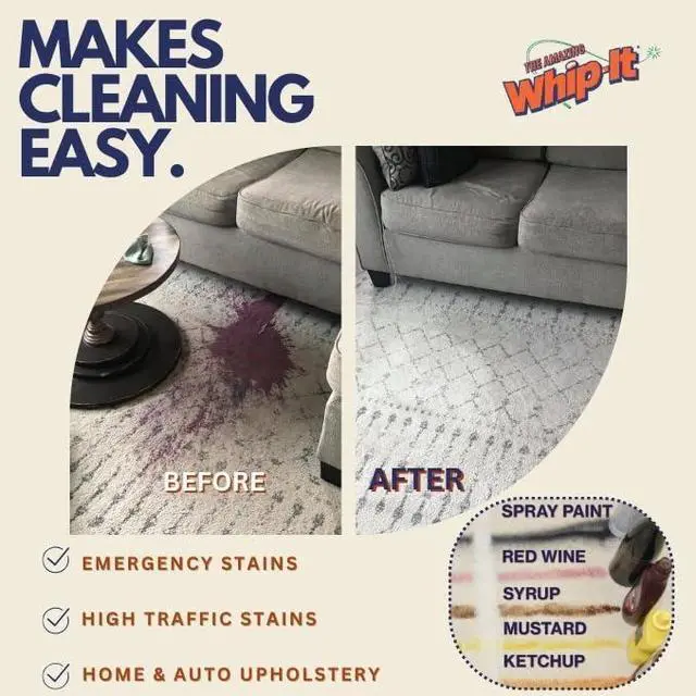 Alt view image 7 of 7 - Whip It Cleaner, Multi Purpose Stain Remover Professional Strength Spray, Plant Based Enzyme Cleaner, Cleaning Food, Coffee, Wine, Baby Stains, Pet Stains, Over 500 uses, Made in USA, 32 OZ