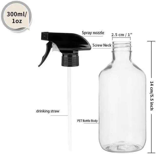 Alt view image 5 of 6 - 2 Pack Leakproof Spray Bottles 300ml - Adjustable Nozzle (Mist/Jet), Refillable PET Plastic for Hair, Cleaning, Plants, Travel | BPA-Free, No-Spill Design, Salon & Home Essentials (Clear)