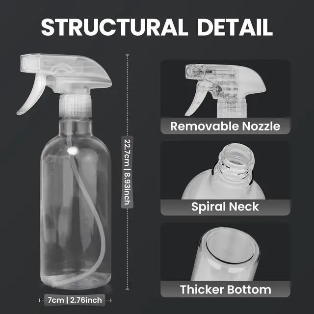 Alt view image 5 of 7 - 2 Pack Spray Bottles for Cleaning 16.9 oz/500 ml Water Empty Spray Bottle Heavy Duty Plastic Clear Squirt Mist Spray Bottle with Nozzle for Hair Plants Pets Alcohol Sprayer Weighing Bottles