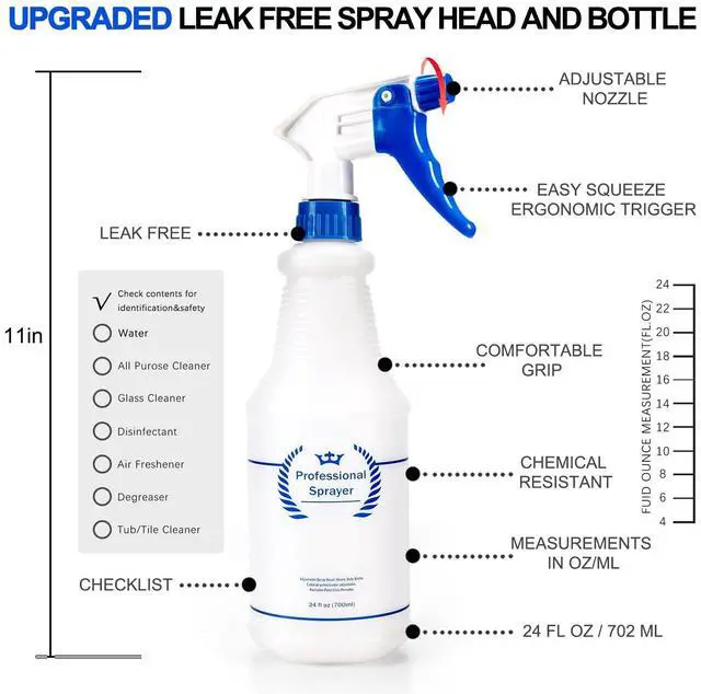 Alt view image 3 of 7 - Plastic Spray Bottle, Empty Spray Bottles (2 Pack 24 Oz), All-Purpose Sprayer for Cleaning Solutions, Hair Spray, Bleach, Planting, BBQ, Mist & Stream Water Spraying Bottle with Adjustable Nozzle