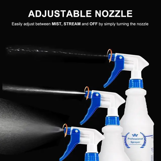 Alt view image 4 of 7 - Plastic Spray Bottle, Empty Spray Bottles (2 Pack 24 Oz), All-Purpose Sprayer for Cleaning Solutions, Hair Spray, Bleach, Planting, BBQ, Mist & Stream Water Spraying Bottle with Adjustable Nozzle
