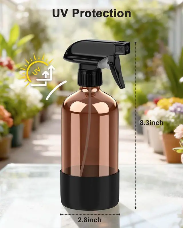 Alt view image 2 of 7 - Amber Glass Spray Bottle with Silicone Sleeve Protection, 16 oz Refillable Spray Bottles for Cleaning Solutions, Plants, Aromatherapy, Facial Hydration (1, Black, 16 oz)