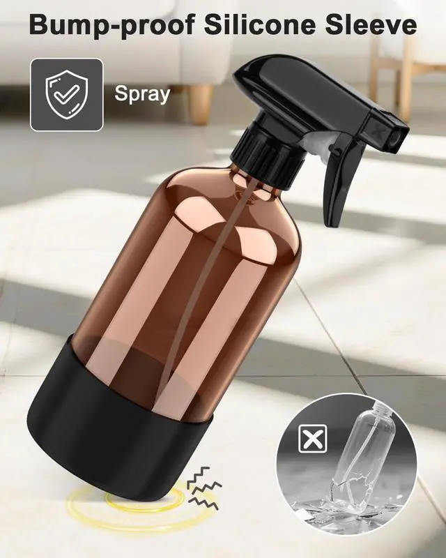 Alt view image 4 of 7 - Amber Glass Spray Bottle with Silicone Sleeve Protection, 16 oz Refillable Spray Bottles for Cleaning Solutions, Plants, Aromatherapy, Facial Hydration (1, Black, 16 oz)