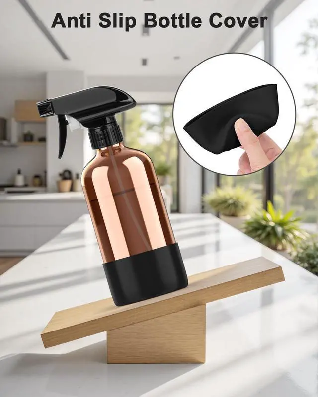 Alt view image 5 of 7 - Amber Glass Spray Bottle with Silicone Sleeve Protection, 16 oz Refillable Spray Bottles for Cleaning Solutions, Plants, Aromatherapy, Facial Hydration (1, Black, 16 oz)