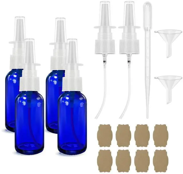 Main image of Nasal Spray Bottle Spray Glass Bottles 4Pcs 1oz (30ml) with Press Spray Head Refillable Portable Fine Mist, funnel, dropper,label, empty nose spray glass bottle blue nasal spray bottle