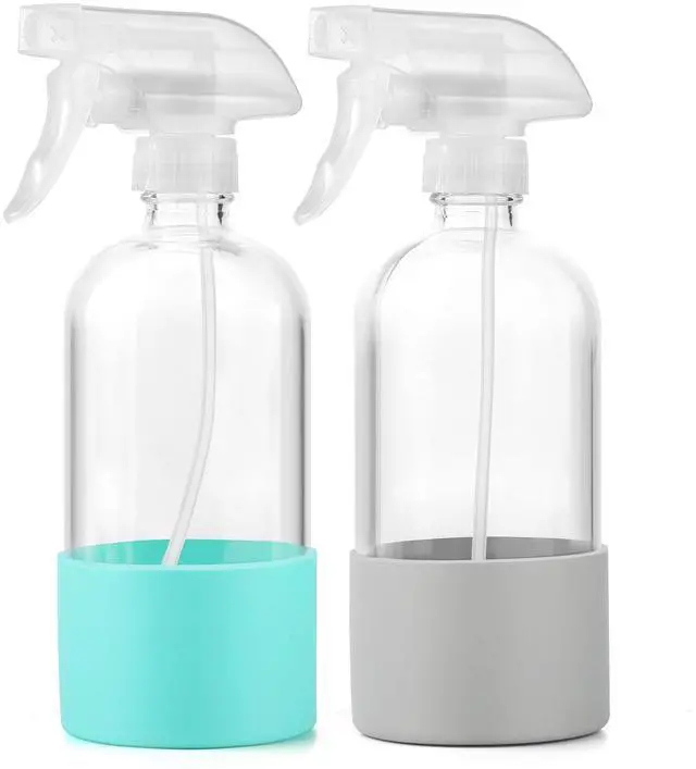 Main image of Glass Spray Bottles (2-Pack) with Silicone Sleeve - 16oz Empty Refillable Bottles - Adjustable Nozzle for Hair, Plants, Cleaning & DIY Solutions - Mint Green & Grey