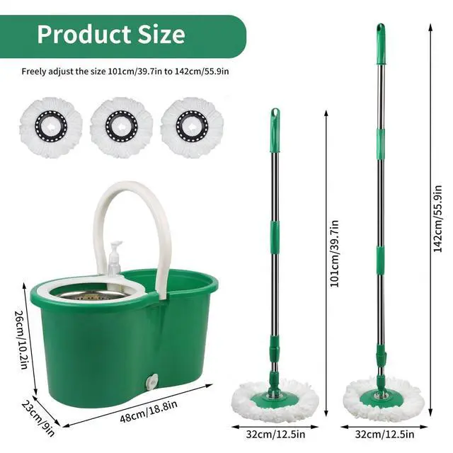 Alt view image 2 of 7 - Spin Mop and Bucket with Wringer Set, 360° Spinning Mop Bucket System with 3 Microfiber Mop Replacement Heads, Adjustable Handle for Floor Cleaning (Green)