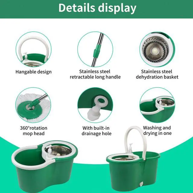 Alt view image 4 of 7 - Spin Mop and Bucket with Wringer Set, 360° Spinning Mop Bucket System with 3 Microfiber Mop Replacement Heads, Adjustable Handle for Floor Cleaning (Green)