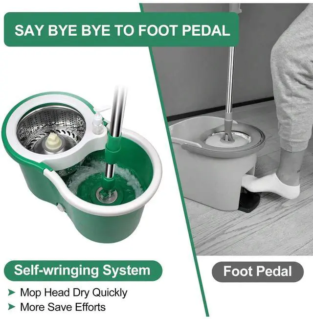 Alt view image 3 of 7 - Spin Mop and Bucket with Wringer Set, 360° Spinning Mop Bucket System with 3 Microfiber Mop Replacement Heads, Adjustable Handle for Floor Cleaning (Green)