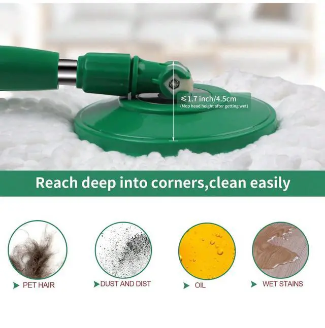 Alt view image 7 of 7 - Spin Mop and Bucket with Wringer Set, 360° Spinning Mop Bucket System with 3 Microfiber Mop Replacement Heads, Adjustable Handle for Floor Cleaning (Green)