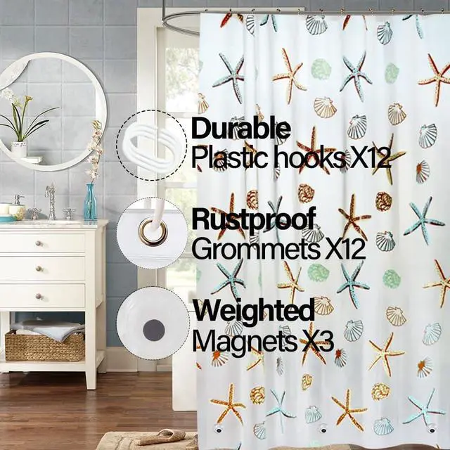 Alt view image 5 of 6 - Plastic Shower Liner - Premium PEVA 4G Shower Curtain Liner with Rustproof Grommets and 3 Weighted Magnets, Waterproof Shower Curtains for Bathroom (Starfish)