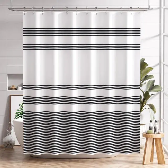 Main image of Shower Curtain, Washable Cloth Black Shower Curtain Sets with 12 Shower Curtain Hooks, Fabric Rustic Black and White Striped Curtain, Farmhouse Bathroom Curtains, 72x72 Inches