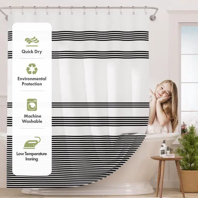 Alt view image 3 of 7 - Shower Curtain, Washable Cloth Black Shower Curtain Sets with 12 Shower Curtain Hooks, Fabric Rustic Black and White Striped Curtain, Farmhouse Bathroom Curtains, 72x72 Inches