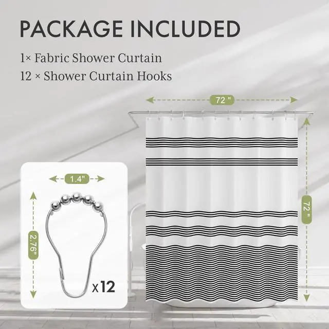 Alt view image 2 of 7 - Shower Curtain, Washable Cloth Black Shower Curtain Sets with 12 Shower Curtain Hooks, Fabric Rustic Black and White Striped Curtain, Farmhouse Bathroom Curtains, 72x72 Inches