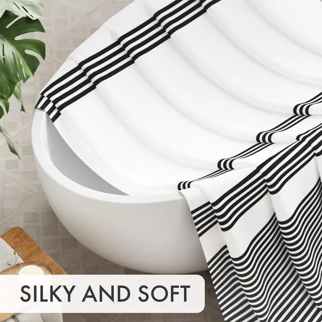 Alt view image 4 of 7 - Shower Curtain, Washable Cloth Black Shower Curtain Sets with 12 Shower Curtain Hooks, Fabric Rustic Black and White Striped Curtain, Farmhouse Bathroom Curtains, 72x72 Inches