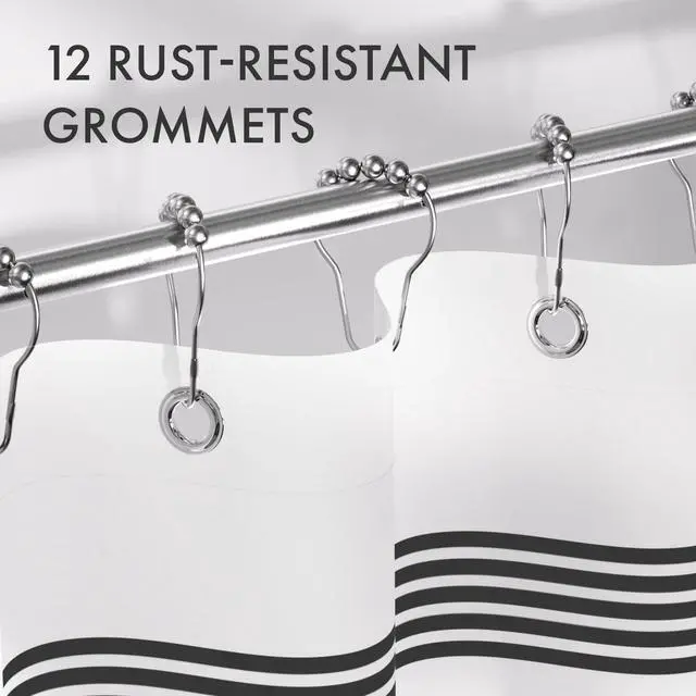 Alt view image 6 of 7 - Shower Curtain, Washable Cloth Black Shower Curtain Sets with 12 Shower Curtain Hooks, Fabric Rustic Black and White Striped Curtain, Farmhouse Bathroom Curtains, 72x72 Inches