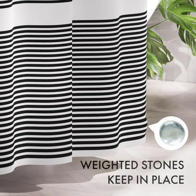 Alt view image 7 of 7 - Shower Curtain, Washable Cloth Black Shower Curtain Sets with 12 Shower Curtain Hooks, Fabric Rustic Black and White Striped Curtain, Farmhouse Bathroom Curtains, 72x72 Inches