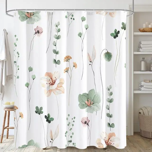 Main image of Watercolor Floral Shower Curtain, Sage Green Beige Flower Shower Curtain for Bathroom, Modern Minimalist White Waterproof Fabric Shower Curtain Set 72x72 Inch