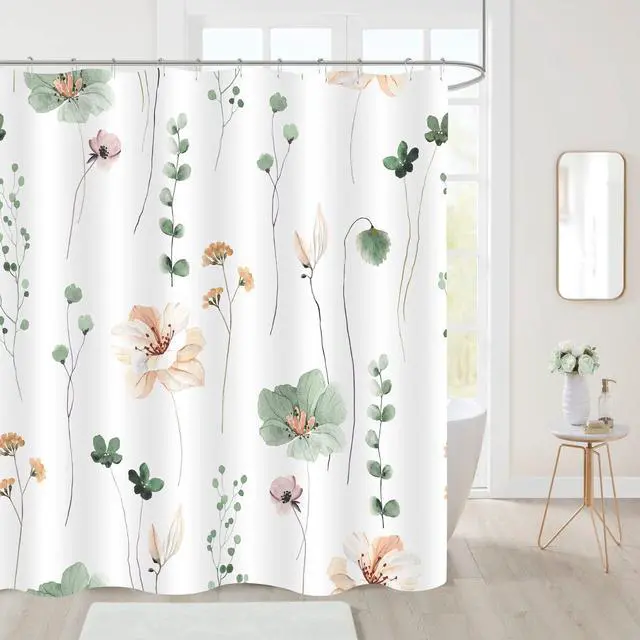 Alt view image 2 of 6 - Watercolor Floral Shower Curtain, Sage Green Beige Flower Shower Curtain for Bathroom, Modern Minimalist White Waterproof Fabric Shower Curtain Set 72x72 Inch