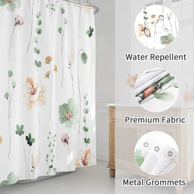 Alt view image 3 of 6 - Watercolor Floral Shower Curtain, Sage Green Beige Flower Shower Curtain for Bathroom, Modern Minimalist White Waterproof Fabric Shower Curtain Set 72x72 Inch