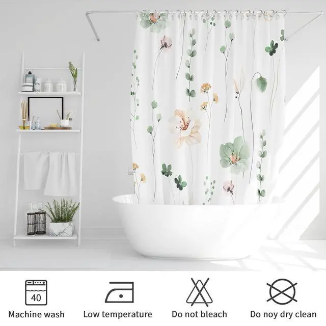 Alt view image 6 of 6 - Watercolor Floral Shower Curtain, Sage Green Beige Flower Shower Curtain for Bathroom, Modern Minimalist White Waterproof Fabric Shower Curtain Set 72x72 Inch