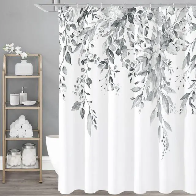 Main image of Grey Eucalyptus Shower Curtain, Watercolor Plant Leaves with Floral Bathroom Shower Curtain Set, Gray White, 72x72