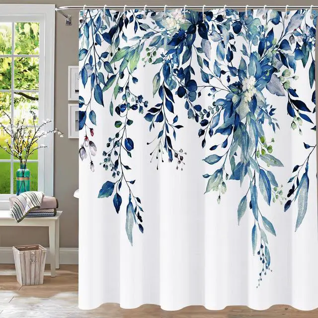 Main image of Shower Curtain Blue Eucalyptus Shower Curtains for Bathroom, Watercolor Leaf Shower Curtain Sets Waterproof Plant Shower Curtain Leaves Fabric Cloth Bathroom Curtains 72x72 inch with Hooks
