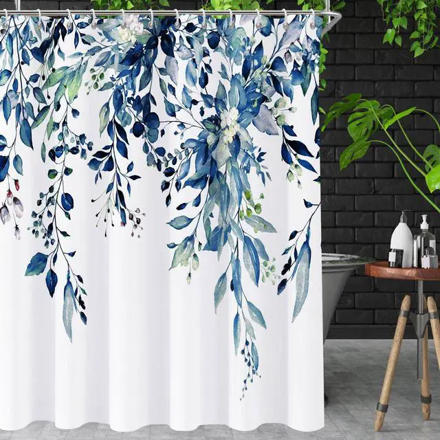 Alt view image 2 of 7 - Shower Curtain Blue Eucalyptus Shower Curtains for Bathroom, Watercolor Leaf Shower Curtain Sets Waterproof Plant Shower Curtain Leaves Fabric Cloth Bathroom Curtains 72x72 inch with Hooks