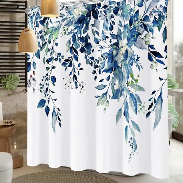 Alt view image 3 of 7 - Shower Curtain Blue Eucalyptus Shower Curtains for Bathroom, Watercolor Leaf Shower Curtain Sets Waterproof Plant Shower Curtain Leaves Fabric Cloth Bathroom Curtains 72x72 inch with Hooks